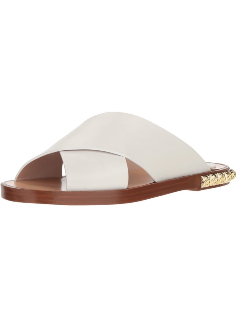 Stuart Weitzman rockrose white leather crossed gold rose stud heel flat slides